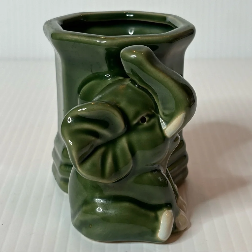 Vintage Elephant Planter Glaze Ceramic Jade Green Trunk Up-FLORAL Lucky Bamboo